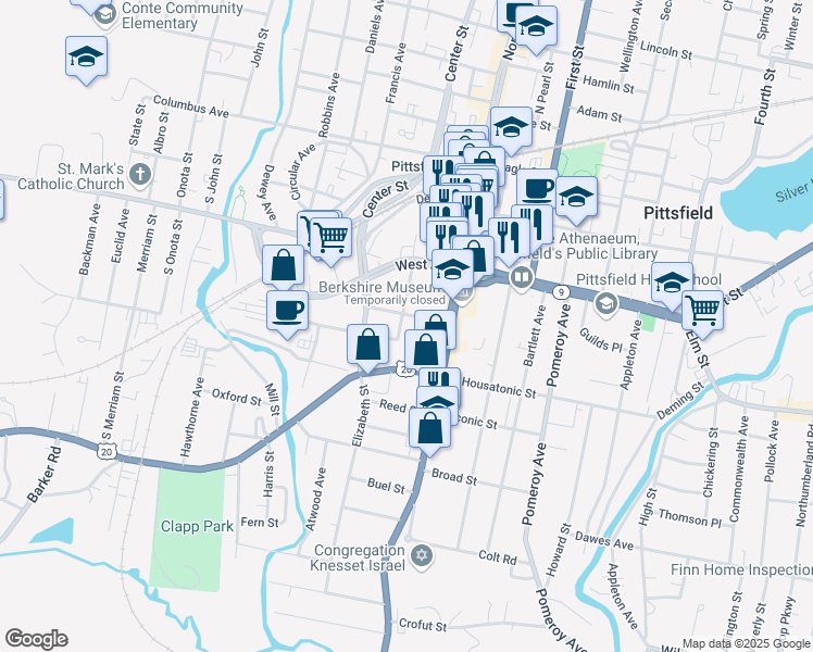 map of restaurants, bars, coffee shops, grocery stores, and more near 13 Church Street in Pittsfield