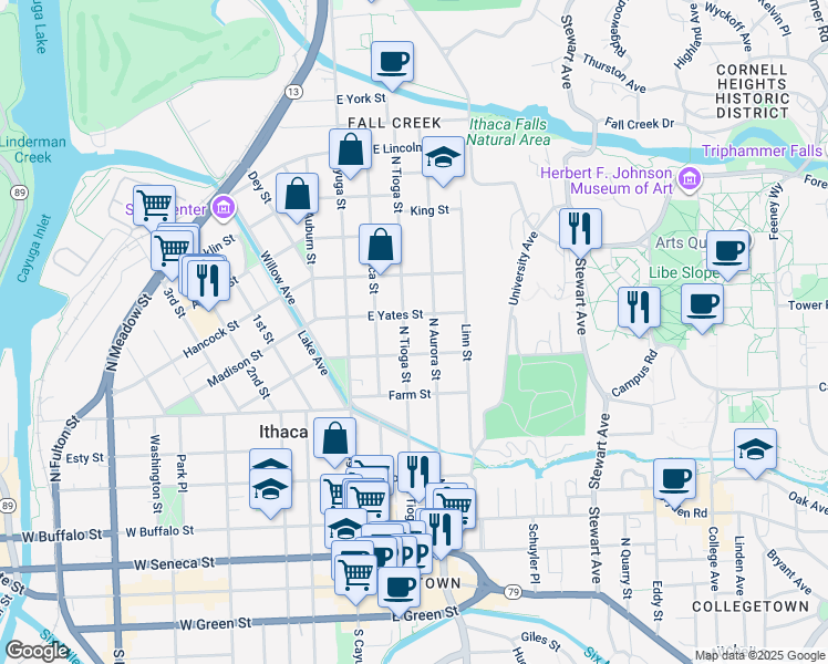 map of restaurants, bars, coffee shops, grocery stores, and more near 613 North Tioga Street in Ithaca