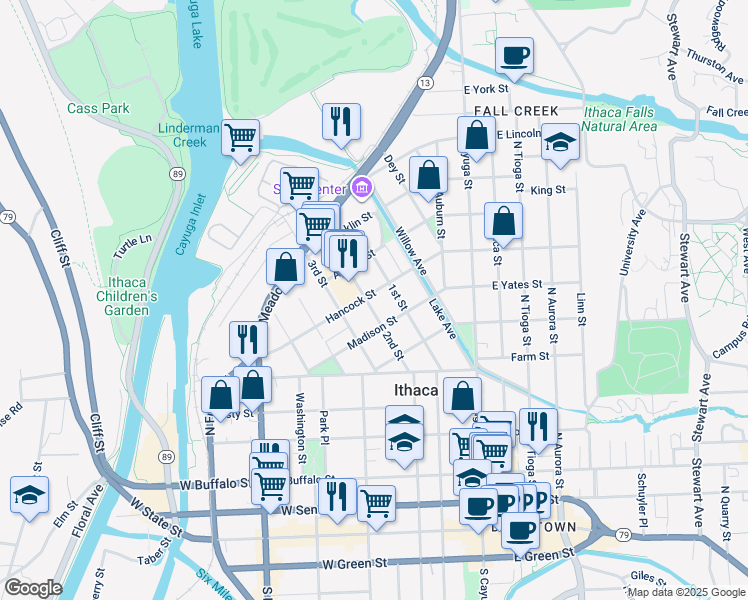 map of restaurants, bars, coffee shops, grocery stores, and more near 316 1st Street in Ithaca