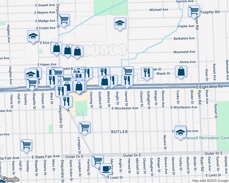 map of restaurants, bars, coffee shops, grocery stores, and more near in Detroit