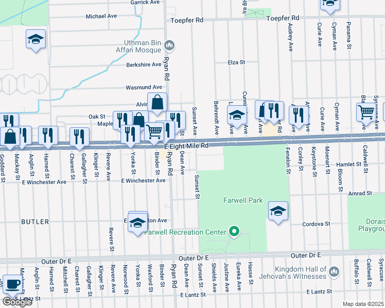 map of restaurants, bars, coffee shops, grocery stores, and more near 20567 Sunset Street in Detroit