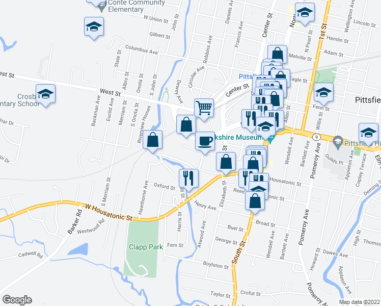 map of restaurants, bars, coffee shops, grocery stores, and more near 71 South Church Street in Pittsfield
