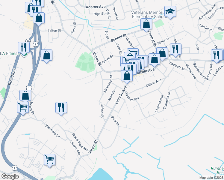 map of restaurants, bars, coffee shops, grocery stores, and more near 28 Mount Vernon Street in Saugus