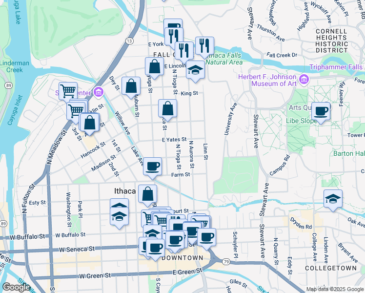 map of restaurants, bars, coffee shops, grocery stores, and more near 609 North Tioga Street in Ithaca
