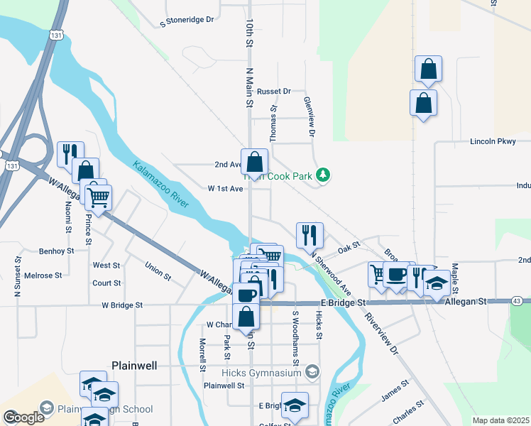 map of restaurants, bars, coffee shops, grocery stores, and more near 405 Thomas Street in Plainwell