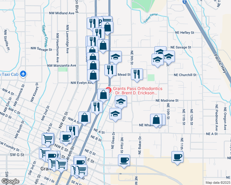 map of restaurants, bars, coffee shops, grocery stores, and more near 926 Northeast 8th Street in Grants Pass