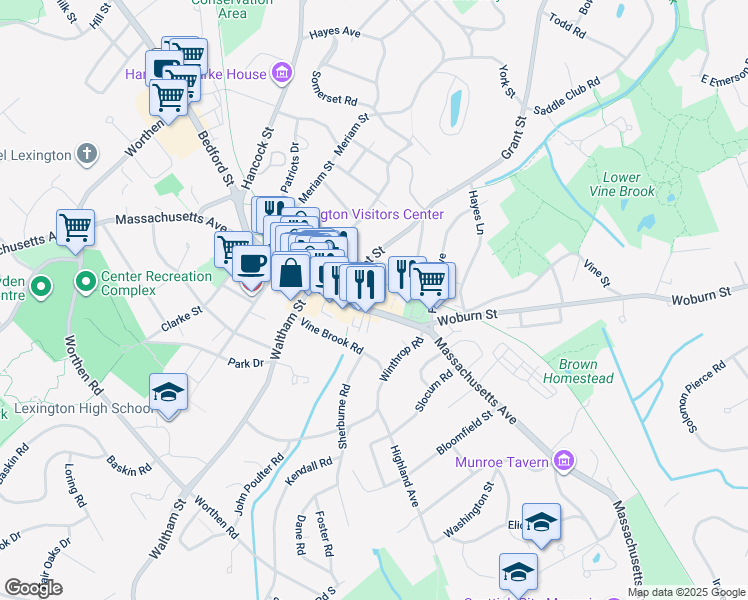 map of restaurants, bars, coffee shops, grocery stores, and more near 1625 Massachusetts Avenue in Lexington