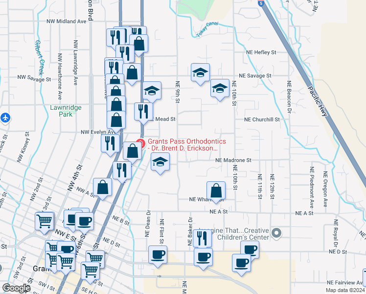 map of restaurants, bars, coffee shops, grocery stores, and more near 927 Northeast 9th Street in Grants Pass
