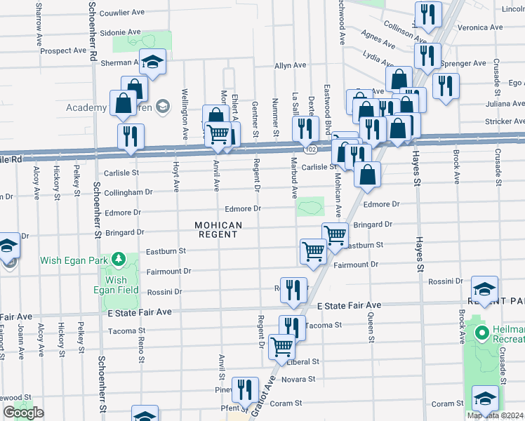 map of restaurants, bars, coffee shops, grocery stores, and more near 20248 Regent Drive in Detroit