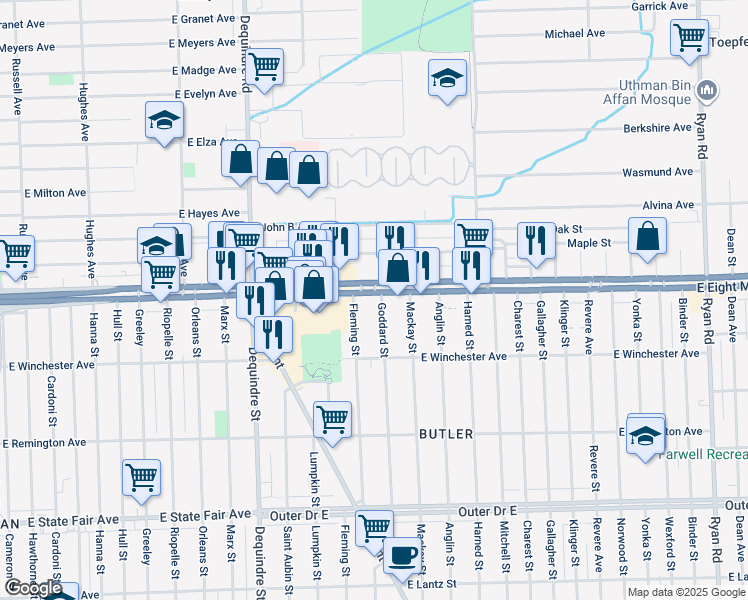 map of restaurants, bars, coffee shops, grocery stores, and more near 1300 East 8 Mile Road in Warren