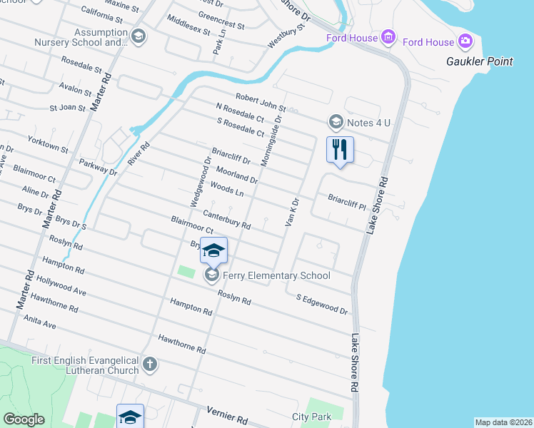 map of restaurants, bars, coffee shops, grocery stores, and more near 608 East Canterbury Court in Grosse Pointe Woods