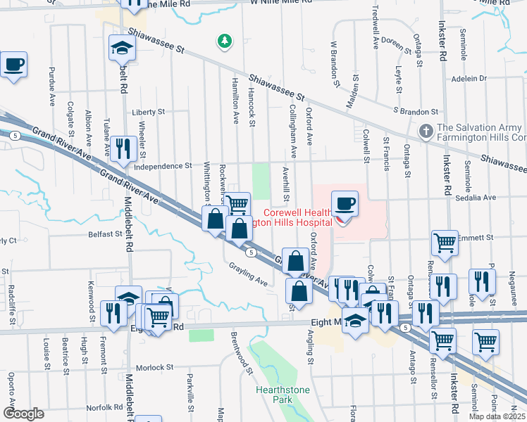 map of restaurants, bars, coffee shops, grocery stores, and more near 21223 Waldron Street in Farmington Hills