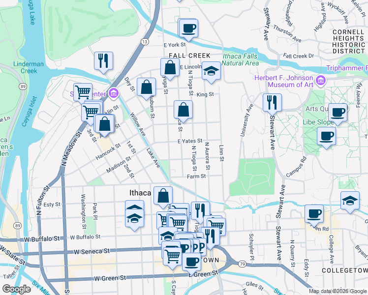 map of restaurants, bars, coffee shops, grocery stores, and more near 218 Utica Street in Ithaca