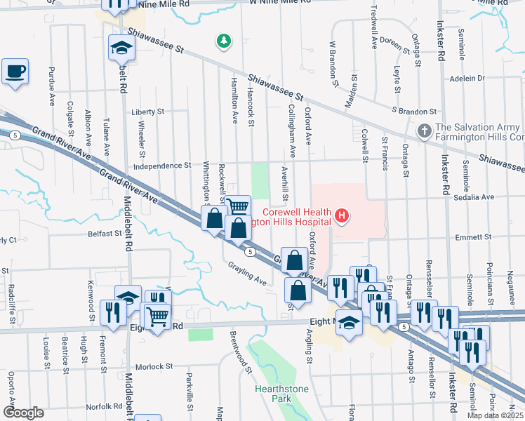 map of restaurants, bars, coffee shops, grocery stores, and more near 21223 Waldron Street in Farmington Hills