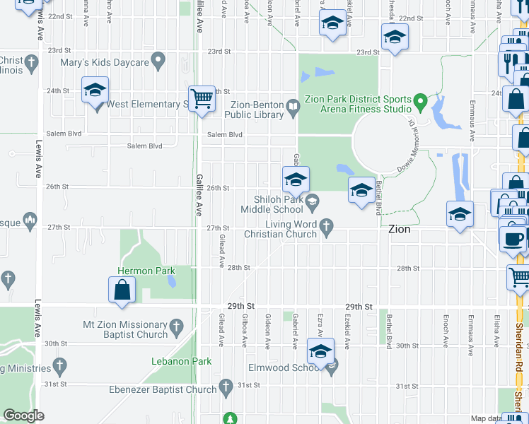 map of restaurants, bars, coffee shops, grocery stores, and more near 2614 Gideon Avenue in Zion