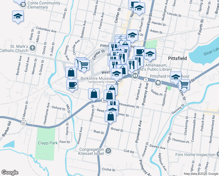 map of restaurants, bars, coffee shops, grocery stores, and more near 13 Church Street in Pittsfield