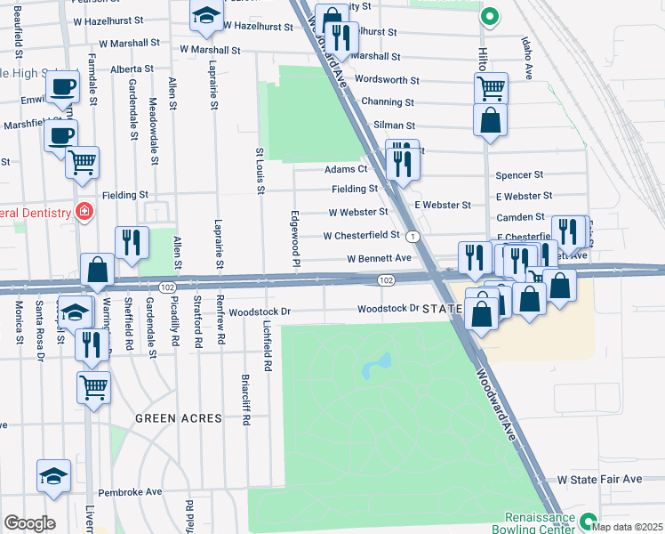 map of restaurants, bars, coffee shops, grocery stores, and more near 404 Eight Mile Road in Ferndale