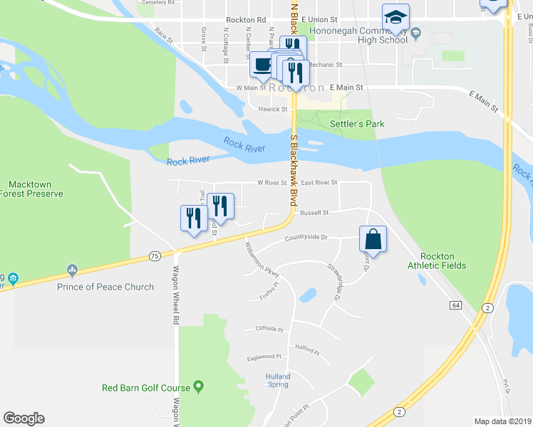 map of restaurants, bars, coffee shops, grocery stores, and more near 411 Village Wood Lane in Rockton