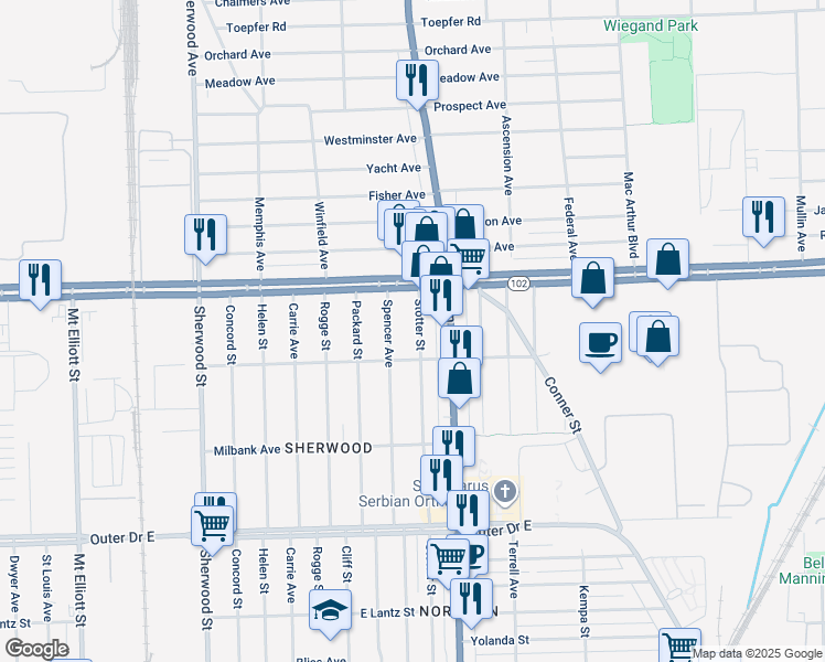 map of restaurants, bars, coffee shops, grocery stores, and more near 20453 Stotter Street in Detroit