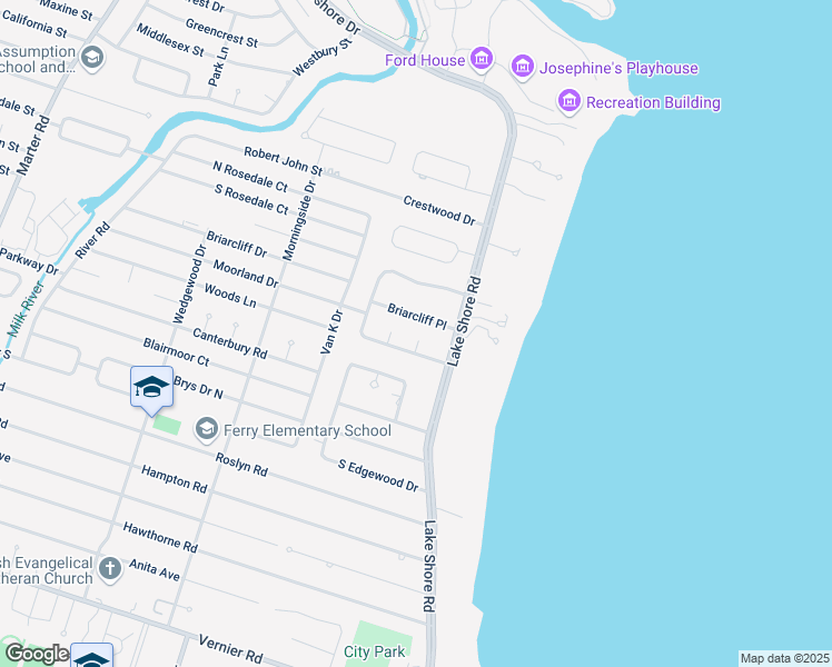 map of restaurants, bars, coffee shops, grocery stores, and more near 24 Moorland Drive in Grosse Pointe Shores