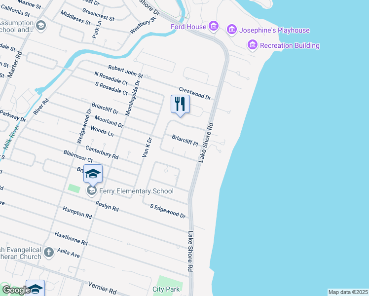 map of restaurants, bars, coffee shops, grocery stores, and more near 24 Moorland Drive in Grosse Pointe Shores