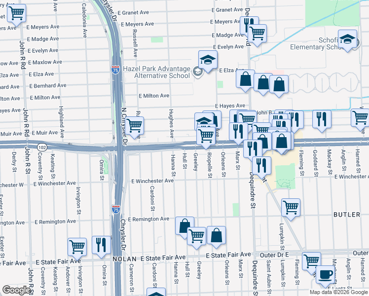 map of restaurants, bars, coffee shops, grocery stores, and more near E 8 Mile Rd & Hull St in Detroit