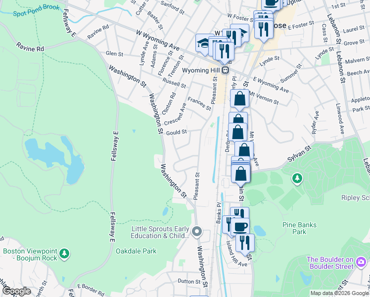 map of restaurants, bars, coffee shops, grocery stores, and more near 17 Black Rock Road in Melrose