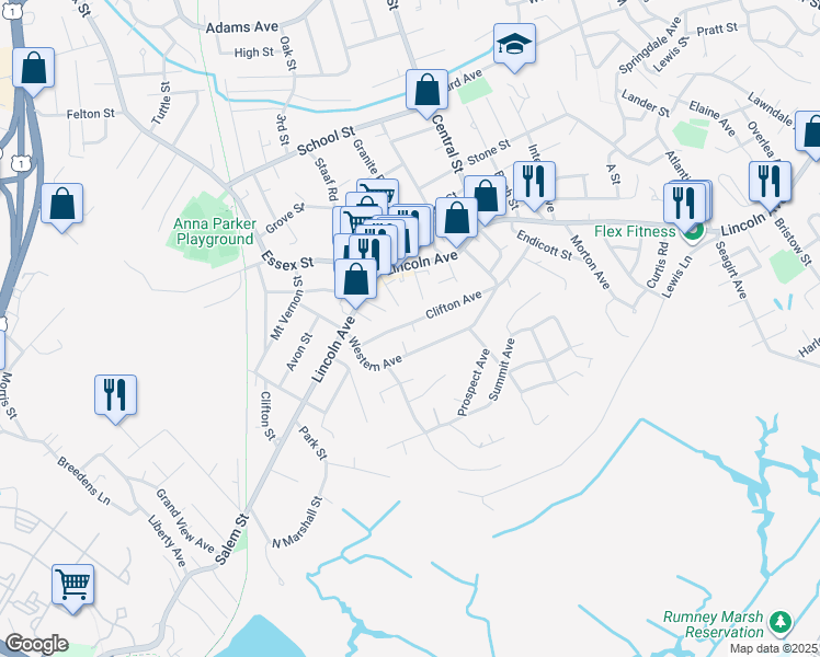 map of restaurants, bars, coffee shops, grocery stores, and more near 66 Clifton Avenue in Saugus