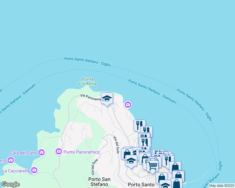 map of restaurants, bars, coffee shops, grocery stores, and more near in Porto Santo Stefano