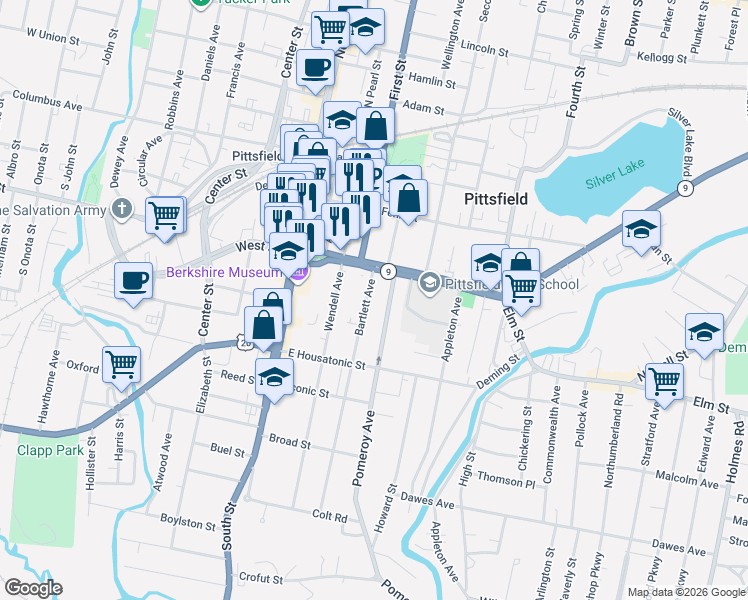 map of restaurants, bars, coffee shops, grocery stores, and more near 28 Bartlett Avenue in Pittsfield