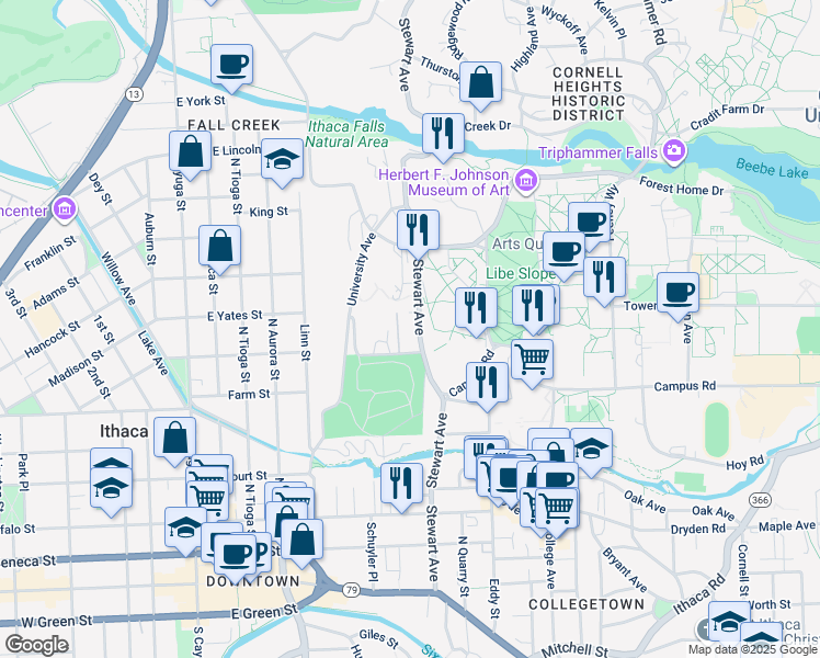 map of restaurants, bars, coffee shops, grocery stores, and more near 109 Llenroc Court in Ithaca