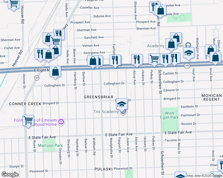 map of restaurants, bars, coffee shops, grocery stores, and more near 20291 Fairport Street in Detroit