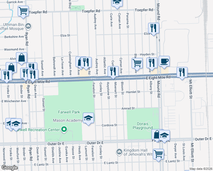 map of restaurants, bars, coffee shops, grocery stores, and more near 20561 Keystone Street in Detroit