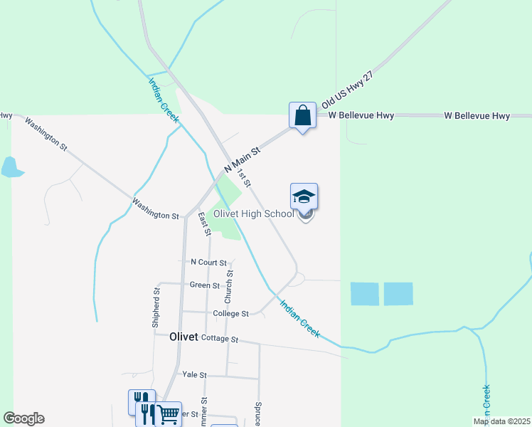 map of restaurants, bars, coffee shops, grocery stores, and more near 168 1st Street in Olivet