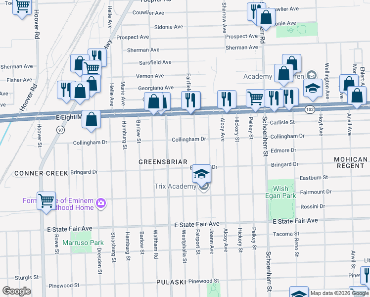map of restaurants, bars, coffee shops, grocery stores, and more near 20291 Fairport Street in Detroit