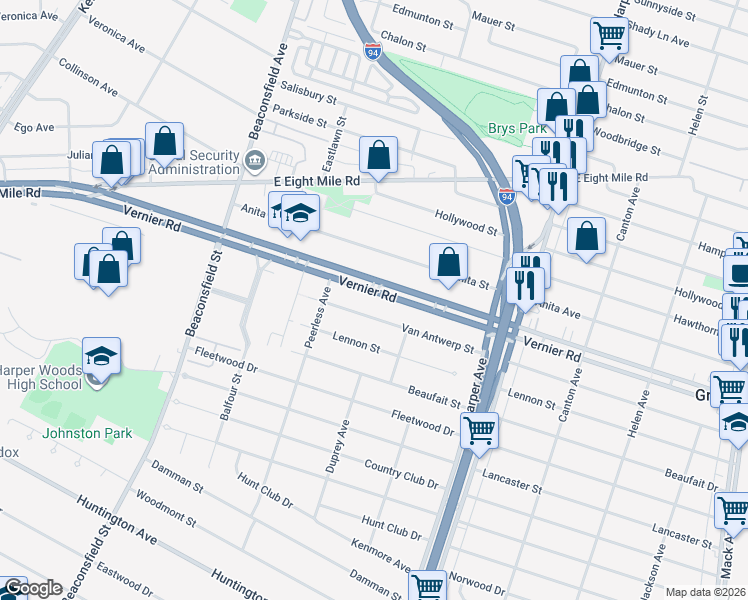 map of restaurants, bars, coffee shops, grocery stores, and more near 20280 Vernier Road in Harper Woods