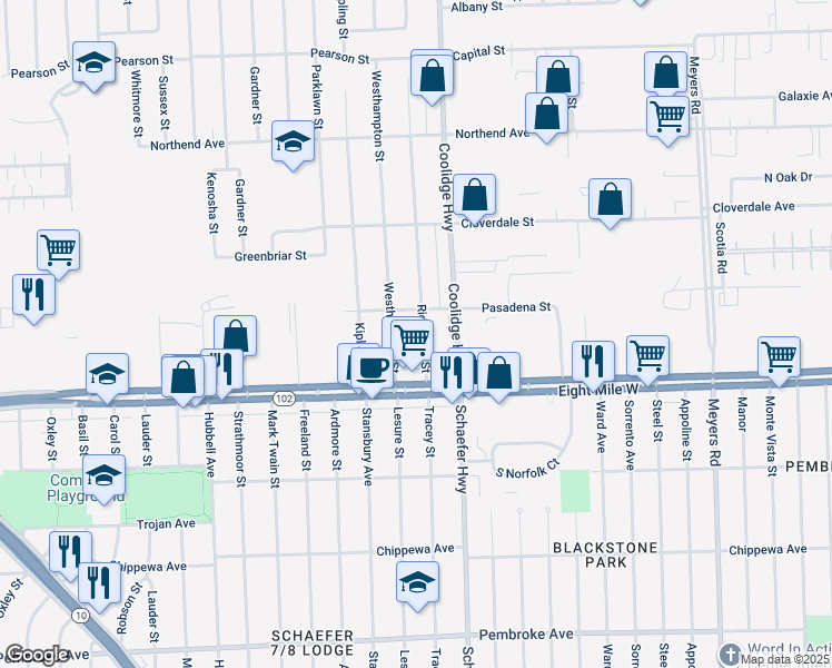 map of restaurants, bars, coffee shops, grocery stores, and more near 20801 Ridgedale Street in Oak Park