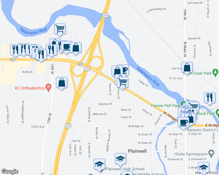 map of restaurants, bars, coffee shops, grocery stores, and more near 413 Naomi Street in Plainwell