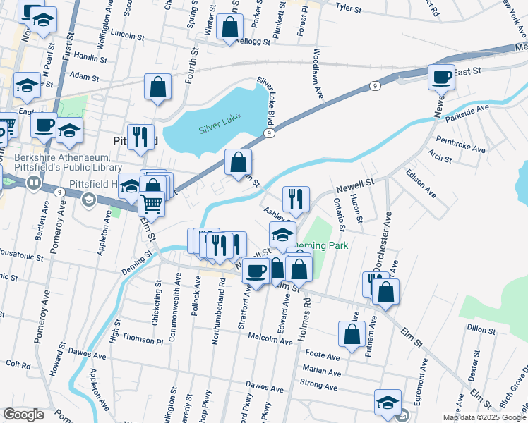 map of restaurants, bars, coffee shops, grocery stores, and more near 8 Ashley Street in Pittsfield
