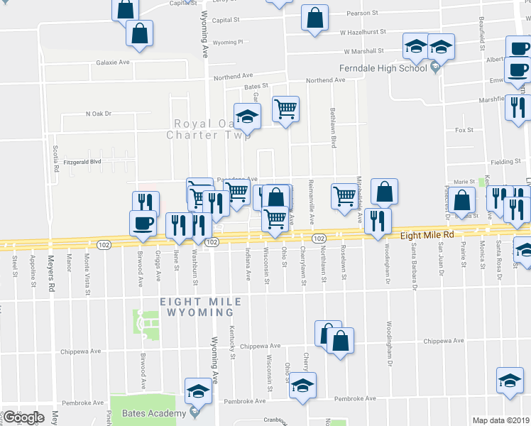 map of restaurants, bars, coffee shops, grocery stores, and more near 20778 Garden Lane in Ferndale