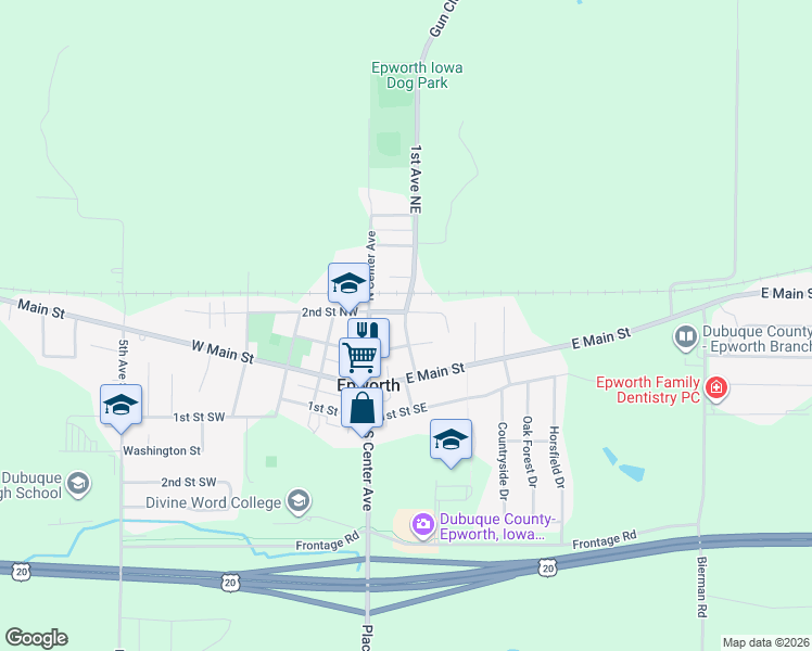 map of restaurants, bars, coffee shops, grocery stores, and more near 206 1st Avenue Northeast in Epworth