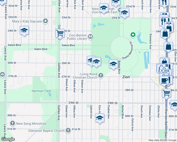 map of restaurants, bars, coffee shops, grocery stores, and more near 2634 Gabriel Avenue in Zion