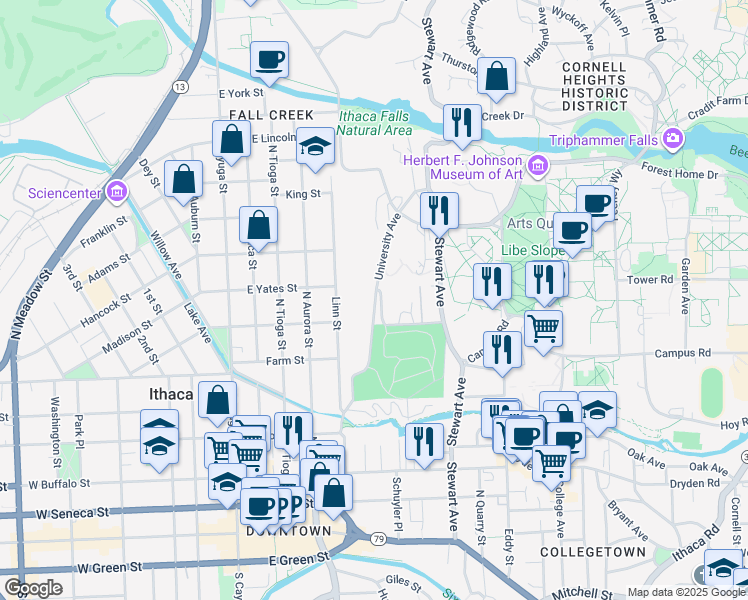 map of restaurants, bars, coffee shops, grocery stores, and more near 314 University Avenue in Ithaca