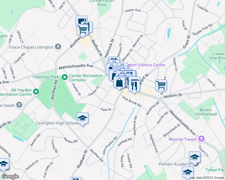 map of restaurants, bars, coffee shops, grocery stores, and more near 18 Muzzey Street in Lexington