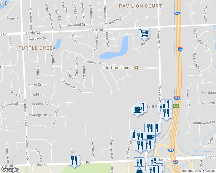map of restaurants, bars, coffee shops, grocery stores, and more near 21643 Sunflower Road in Novi