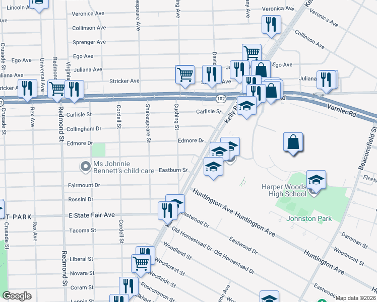 map of restaurants, bars, coffee shops, grocery stores, and more near 16835 Bringard Drive in Detroit