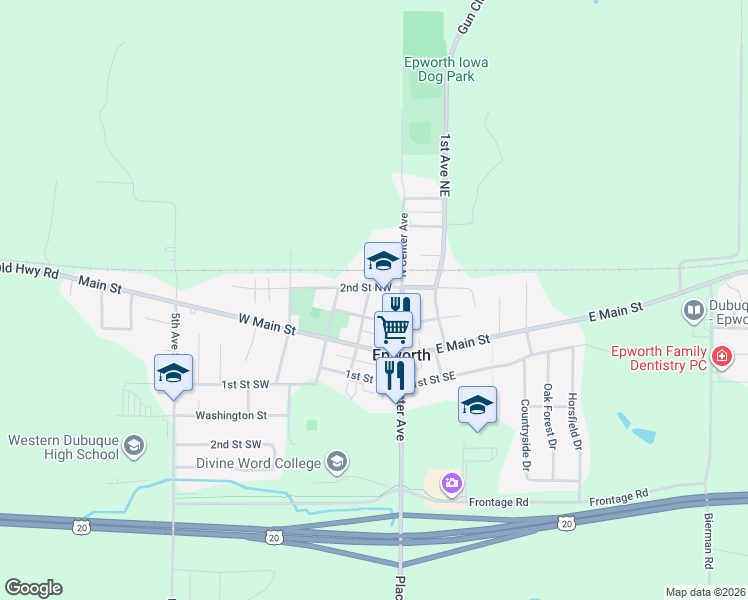 map of restaurants, bars, coffee shops, grocery stores, and more near 206 1st Avenue Northeast in Epworth
