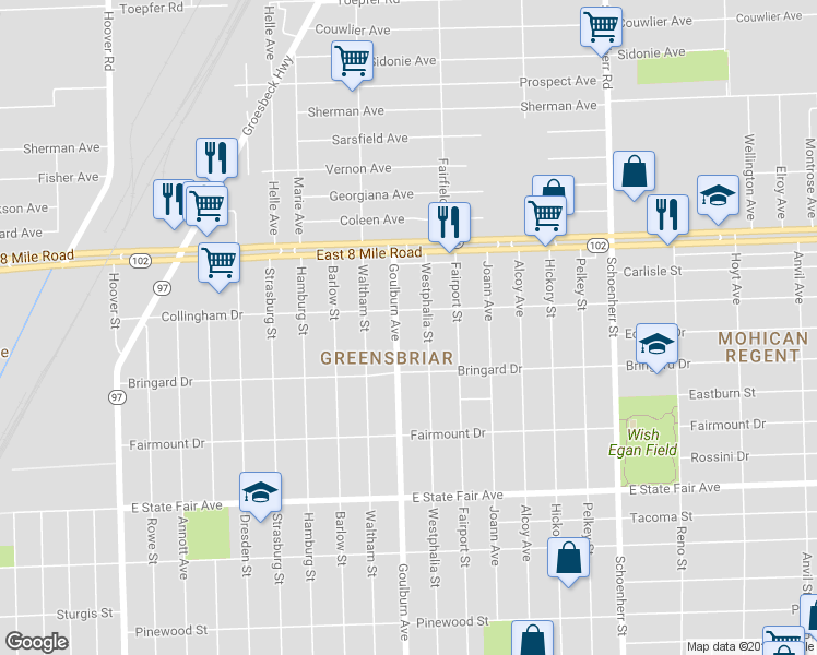 map of restaurants, bars, coffee shops, grocery stores, and more near 20290 Goulburn Avenue in Detroit