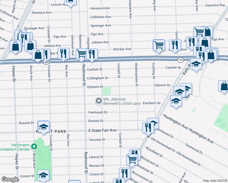 map of restaurants, bars, coffee shops, grocery stores, and more near 16257 Bringard Drive in Detroit