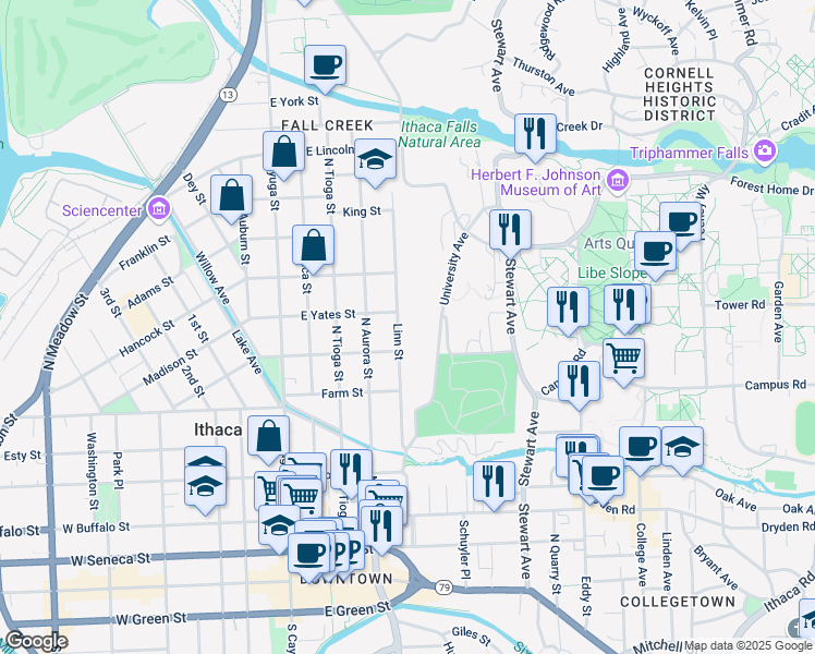 map of restaurants, bars, coffee shops, grocery stores, and more near 315 Linn St in Ithaca